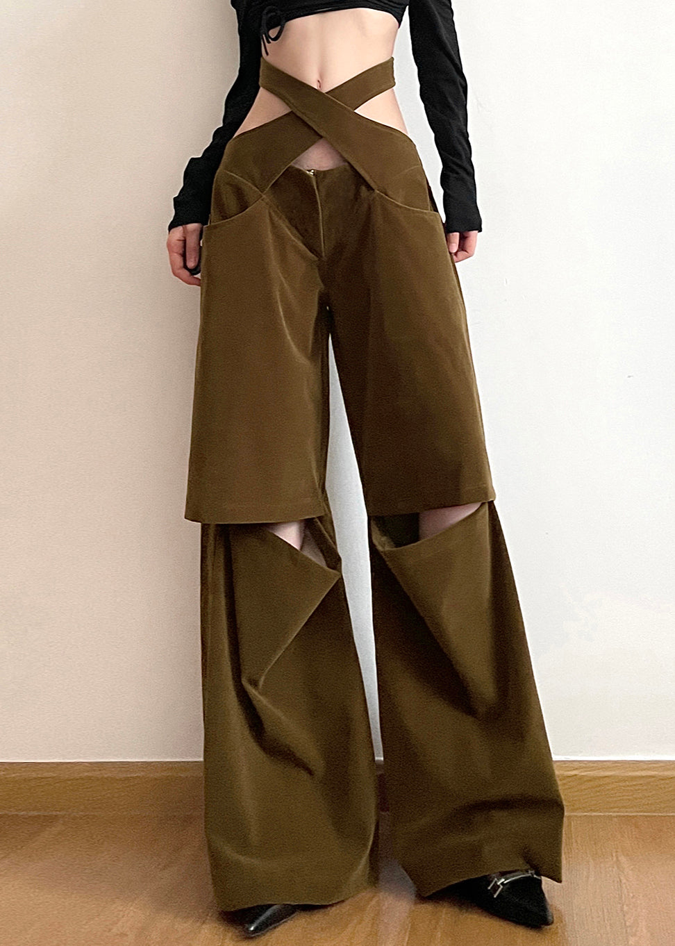 Brown Hollow Out Pockets Cotton Wide Leg Pants Fall