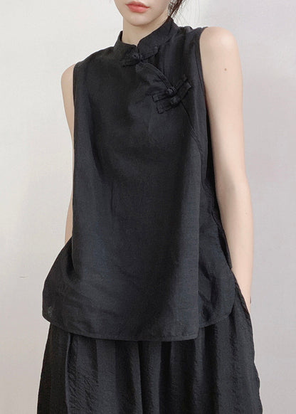 Black Stand Collar Button Cotton Vest Sleeveless