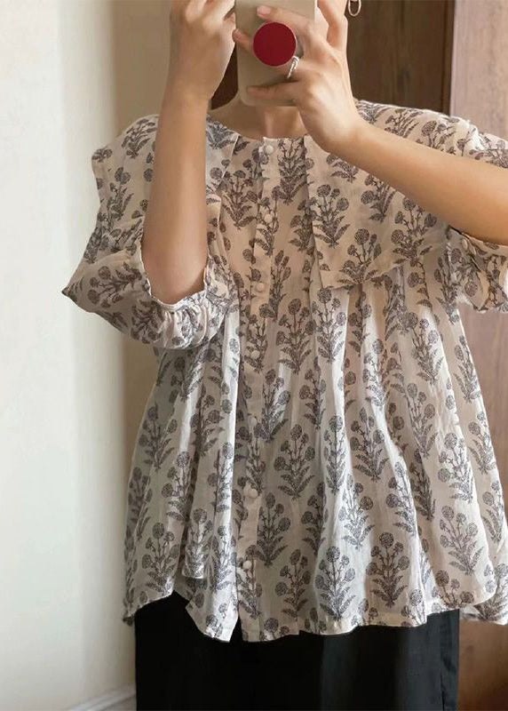 Print Button Cotton Thin Shirt Bracelet Sleeve