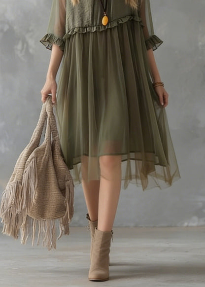 New Green Ruffled Tulle Patchwork Chiffon Dresses Summer