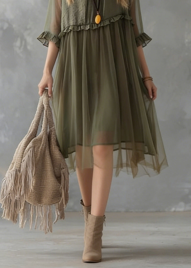 New Green Ruffled Tulle Patchwork Chiffon Dresses Summer