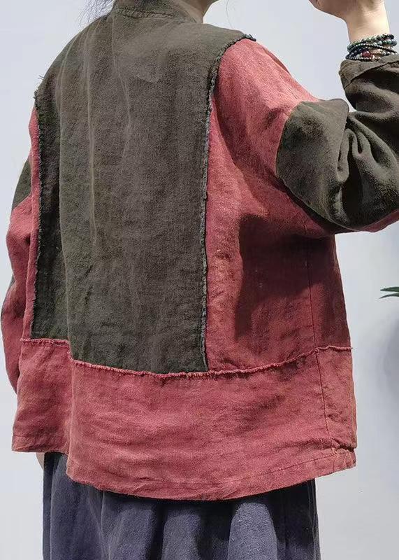 Reddish Black Retro Cotton Shirt Tops Stand Collar Long Sleeve Spring