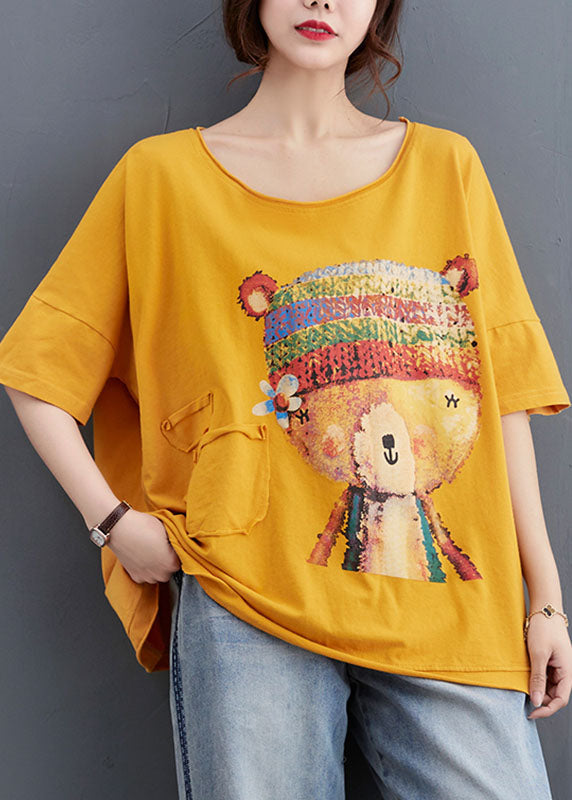 Yellow Loose O-neck Print Fall Tees Half Sleeve