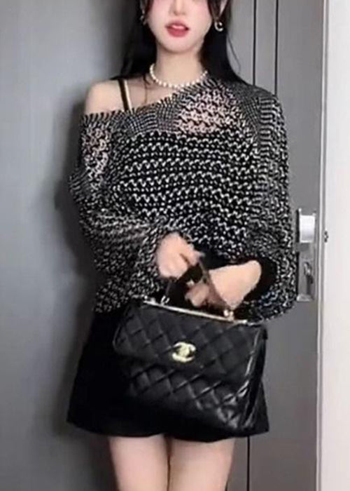 French Black Hollow Out Thin Knit Sweater Batwing Sleeve Fall