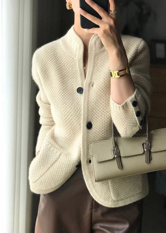 Stylish Brown Stand Collar Slim Fit Button Cashmere Cardigans Spring