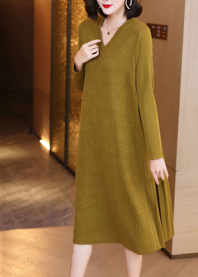 Loose Yellow V Neck Patchwork Wrinkled Jacquard Knit Maxi Dresses Spring
