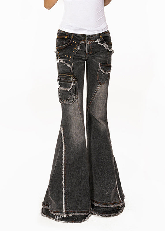 Retro Dark Grey High Waist Pockets Patchwork Jeans Summer