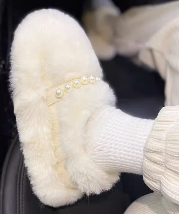Beige Fuzzy Fur Platform Penny Loafers Splicing Nail Bead