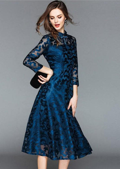 Blue Stand Collar Oriental Button Lace Long Dress Fall