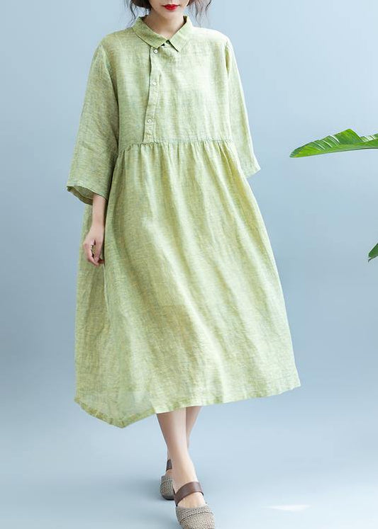 Loose Light Green Cotton Quilting Clothes Lapel Cotton Summer Dress
