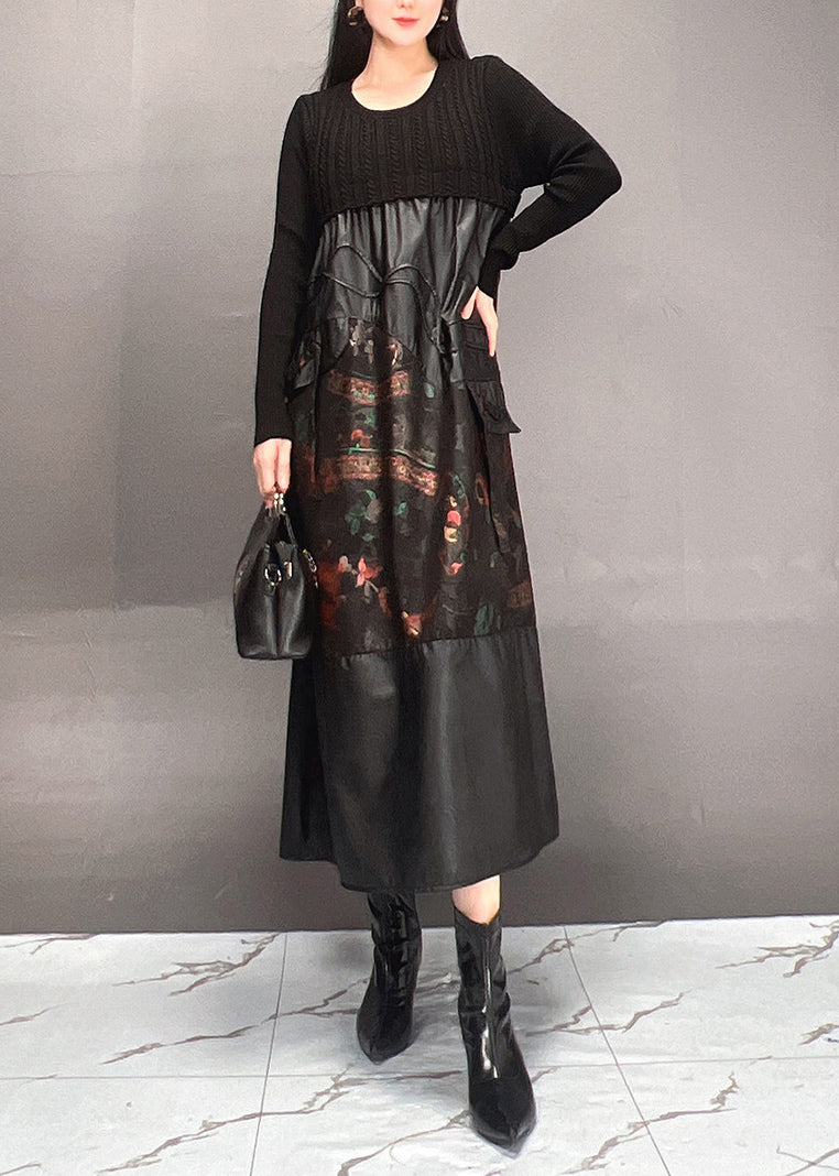 Black Print Patchwork Wrinkled Maxi Dress Fall