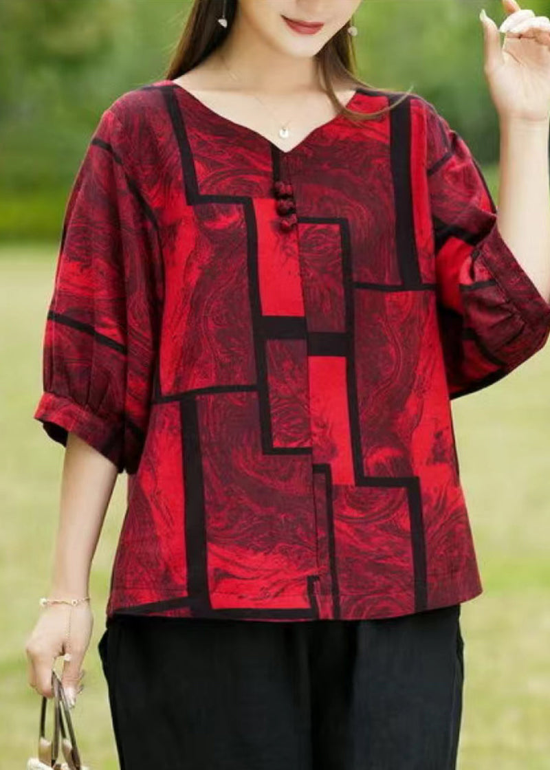 Red Print Patchwork Top Summer