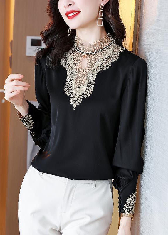 Black Stand Collar Embroideried Patchwork Chiffon Blouse Top Long Sleeve