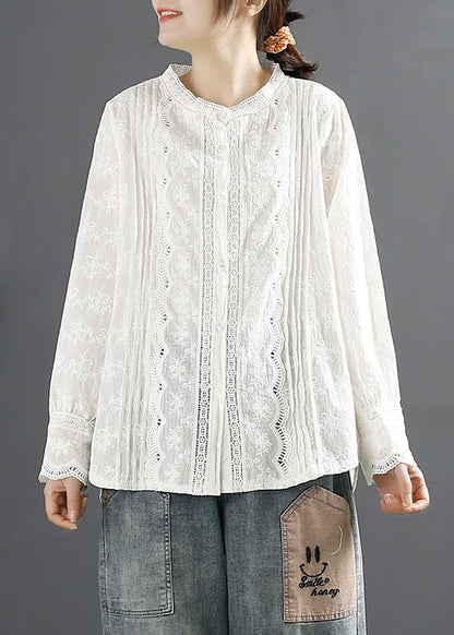 Stylish Beige Embroideried Hollow Out Cotton Shirt Tops Spring