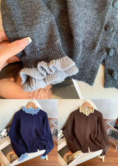 Coffee Ruffled Button Patchwork Knit Coats Winter