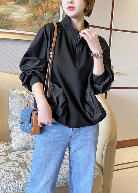 Chocolate Stand Collar Patchwork Zippered Sweatshirts Long Sleeve