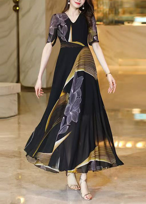 Black V Neck Print Chiffon Long Dresses Summer