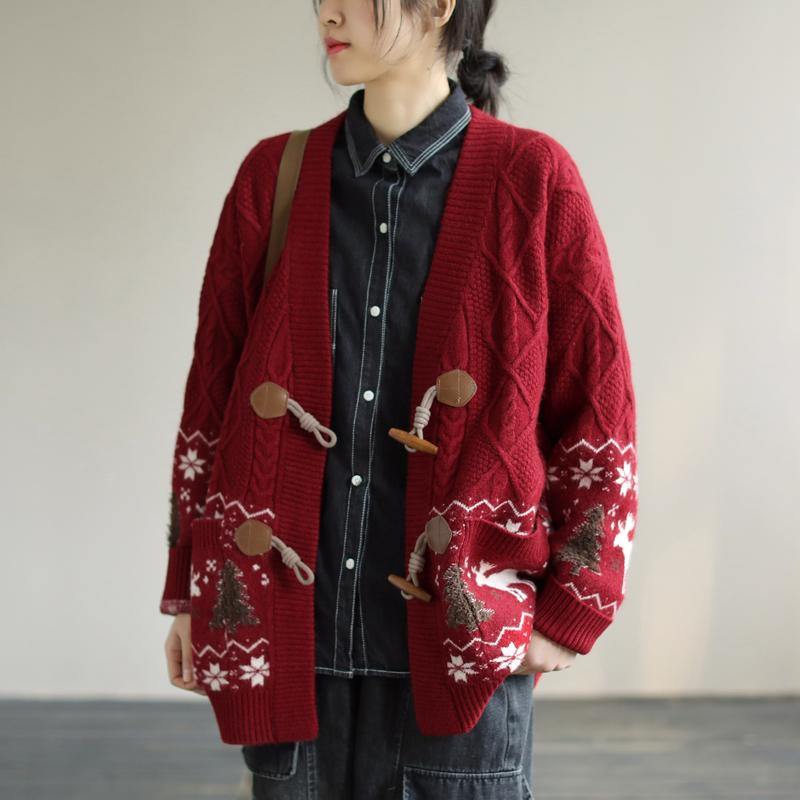 Aesthetic Red Knit Jacket Loose Fitting Loose Deer Print Knit Outwear