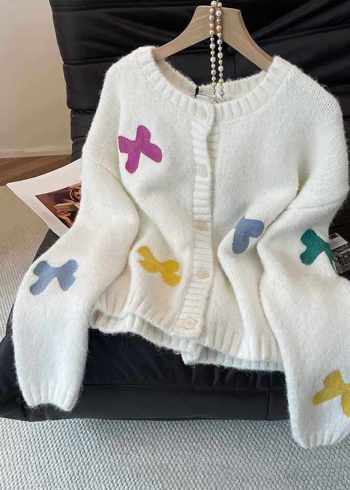 White Bow Button Cozy Wool Knit Cardigan Fall