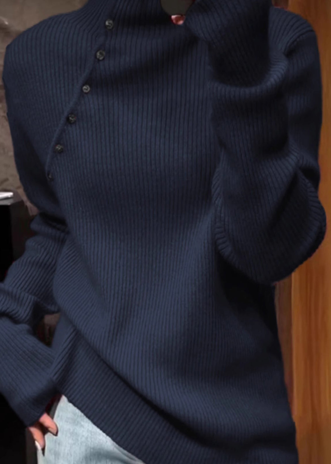 Navy High Neck Knit Sweater Tops Spring