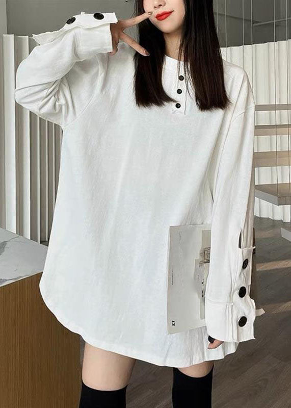 White Patchwork Button Sweatshirts Long Sleeve