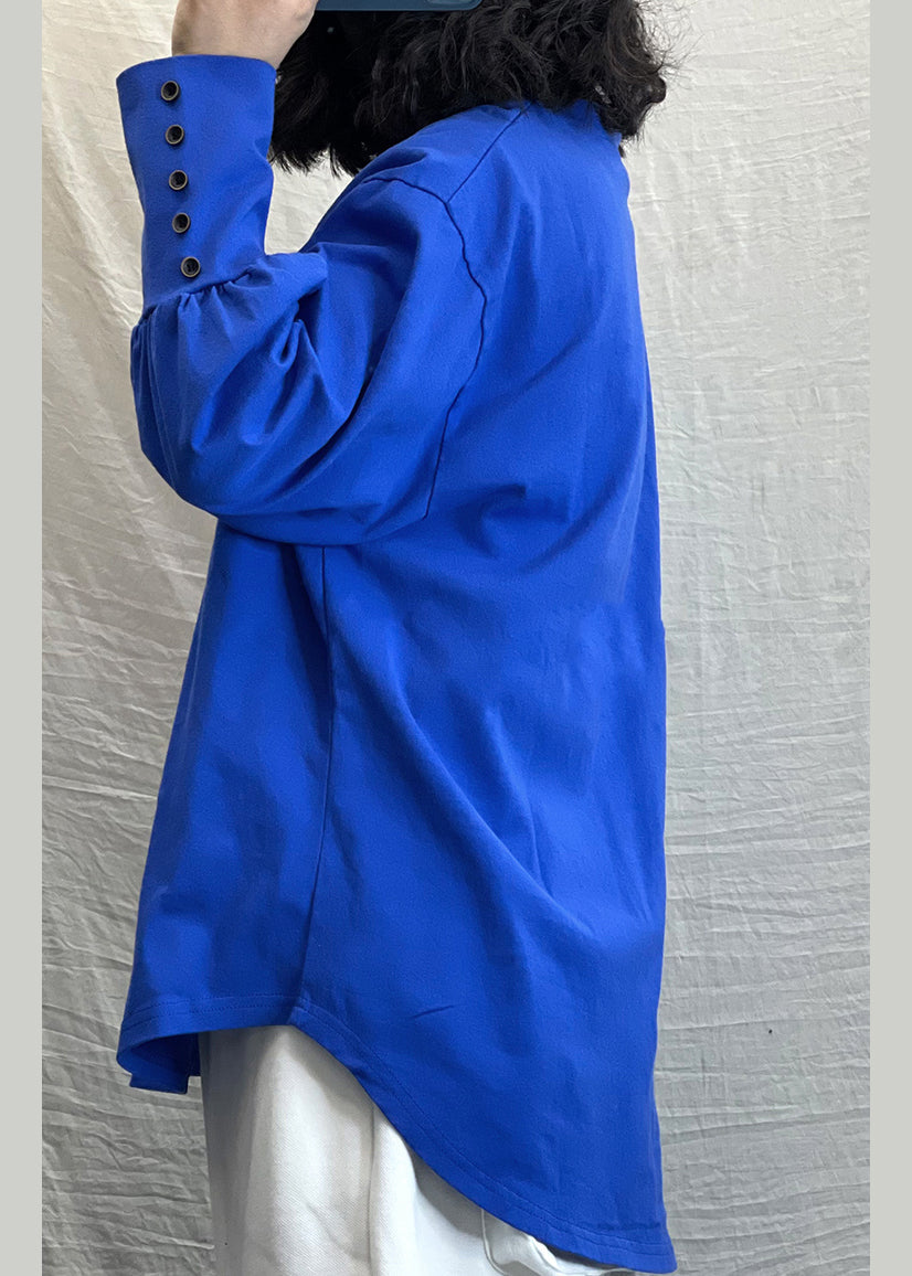 Blue O-neck Button Cotton Loose Sweatshirt Long Sleeve