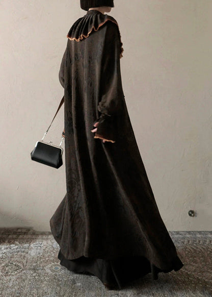Chocolate Ruffled Print Patchwork Silk Long Dress Spring
