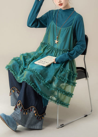 Blue Ruffled Spaghetti Strap Dress T Shirt and Pants Three Piece Suit Set Spring