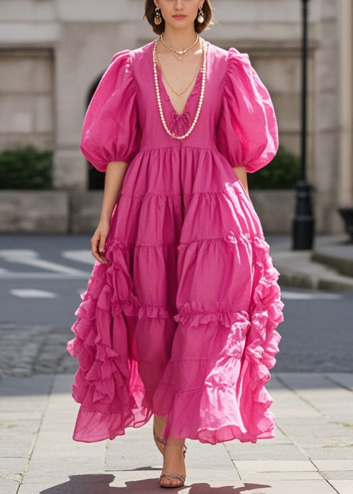 Rose Ruffled Exra Large Hem Cotton Dress Puff Sleeve Summer