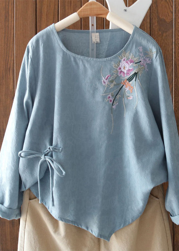Purple Embroidered Lace Up Cotton Blouses Long Sleeve