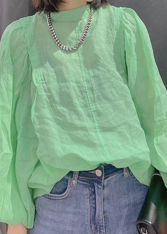 Versatile White O Neck Cotton Tops Lantern Sleeve