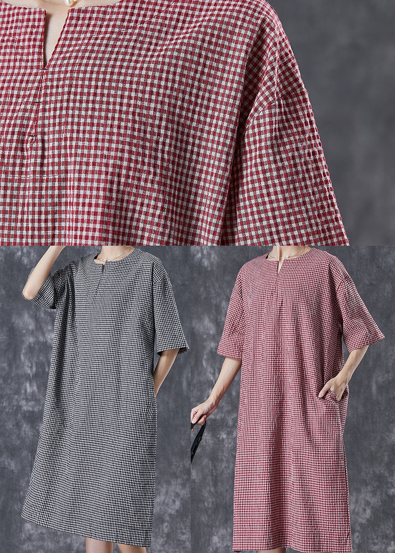 Black Oversized Plaid Cotton Maxi Dresses Summer