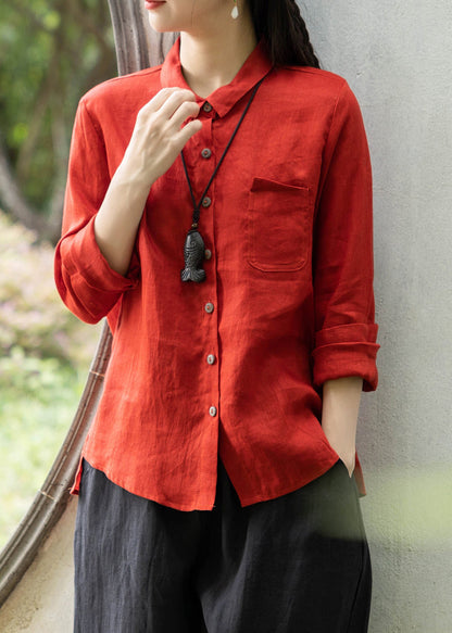 Red Peter Pan Collar Pockets Shirts Spring