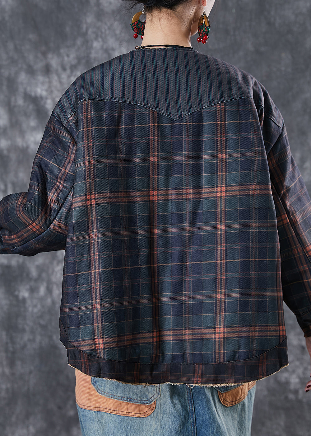 Black Oversized Patchwork Plaid Fine Cotton Filled Coats Spring