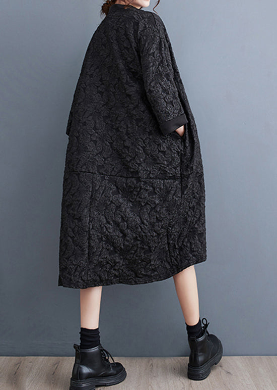 Black Jacquard Patchwork Cotton Dress V Neck Fall