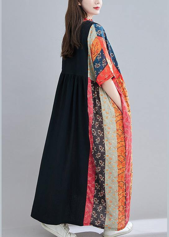 Diy Red Print Tunic V Neck Patchwork Spring Dresses