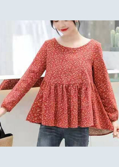 Retro Navy O-neck Print Loose Cotton Top Long Sleeve