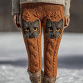 Comstylish Cute Black Cat Face Embroidered Comfortable Knitted Women's Leggings