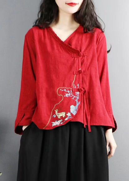 Red Embroidered Button Cotton Shirt Long Sleeve