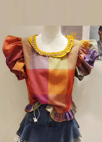 Plaid Red Zircon Patchwork Cotton Shirt Puff Sleeve