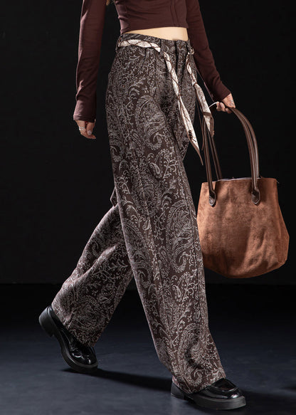 Brown Pockets Print Warm Fleece Denim Pants Spring