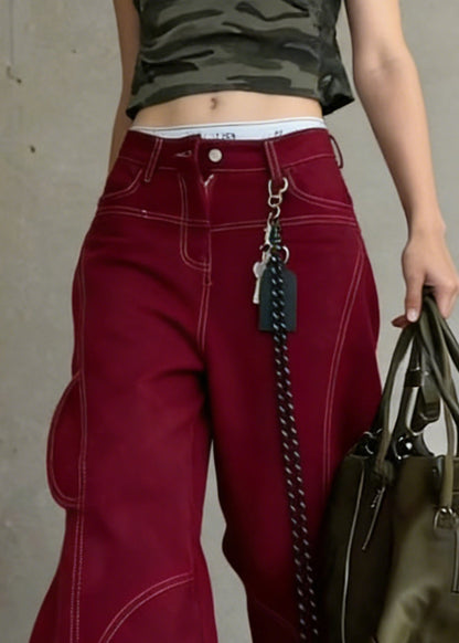 Red Pockets High Waist Cotton Wide Leg Pants Spring