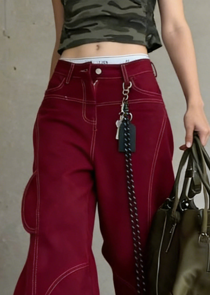 Red Pockets High Waist Cotton Wide Leg Pants Spring