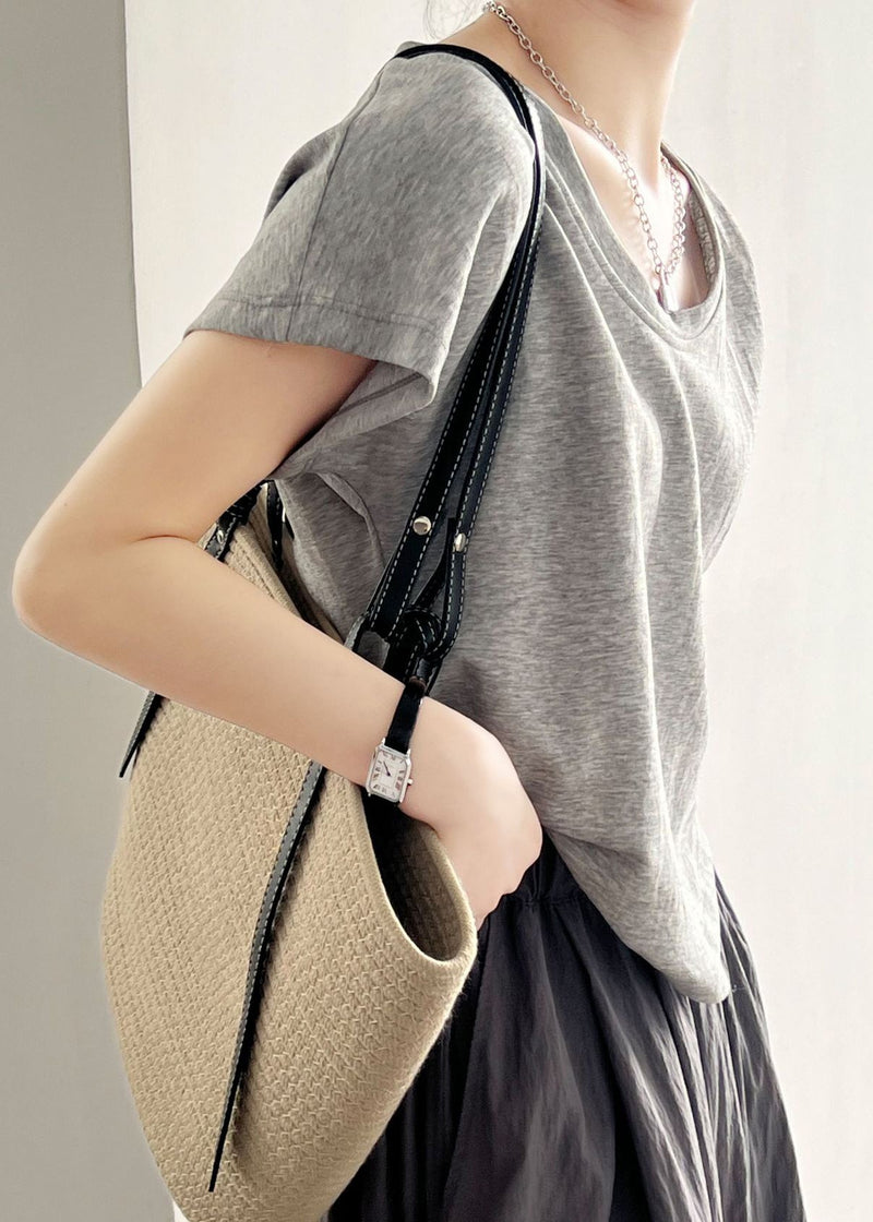 Grey Cotton T Shirt Top O Neck Short Sleeve
