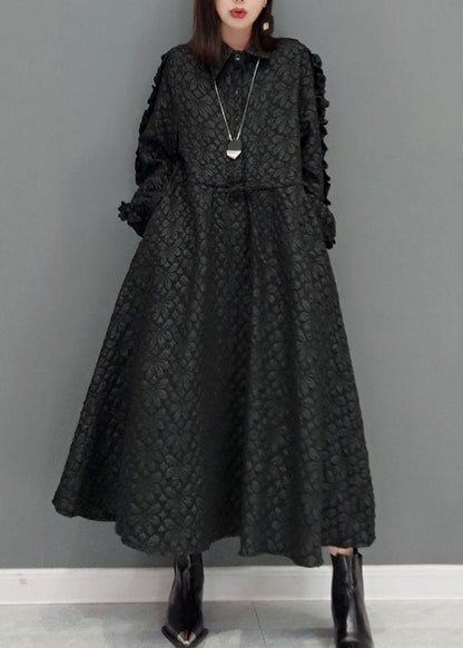 Black Tie Waist Peter Pan Collar Jacquard Long Dress Spring