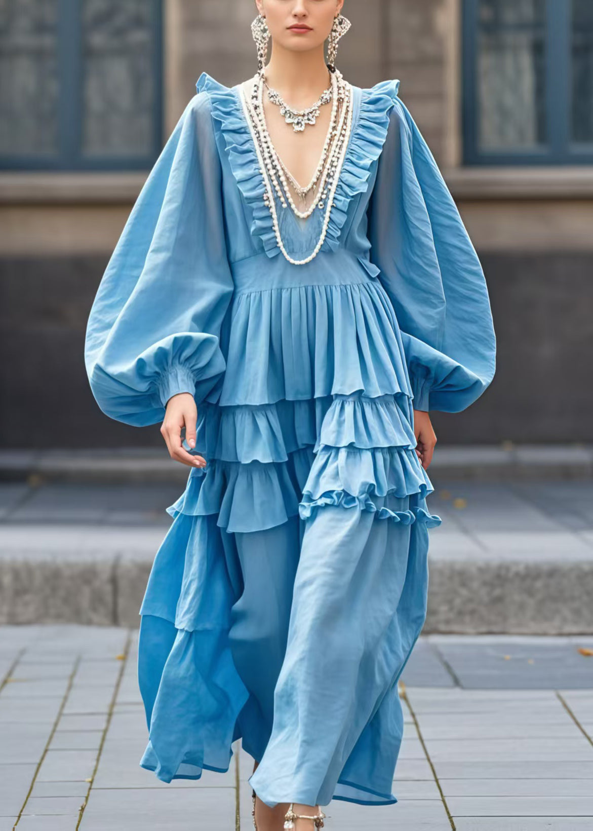 Sea Blue V Neck Ruffled Ankle Cotton Dress Lantern Sleeve Spring