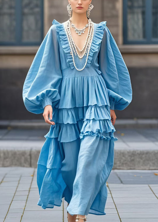 Sea Blue V Neck Ruffled Ankle Cotton Dress Lantern Sleeve Spring