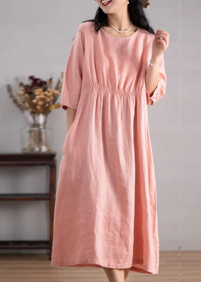 Blue O Neck Pockets Wrinkled Linen Dresses Summer