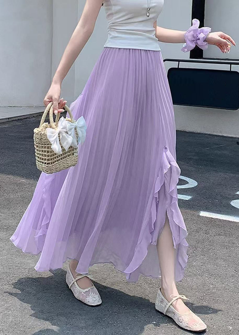 Purple Ruffled Elastic Waist Chiffon Skirts Summer