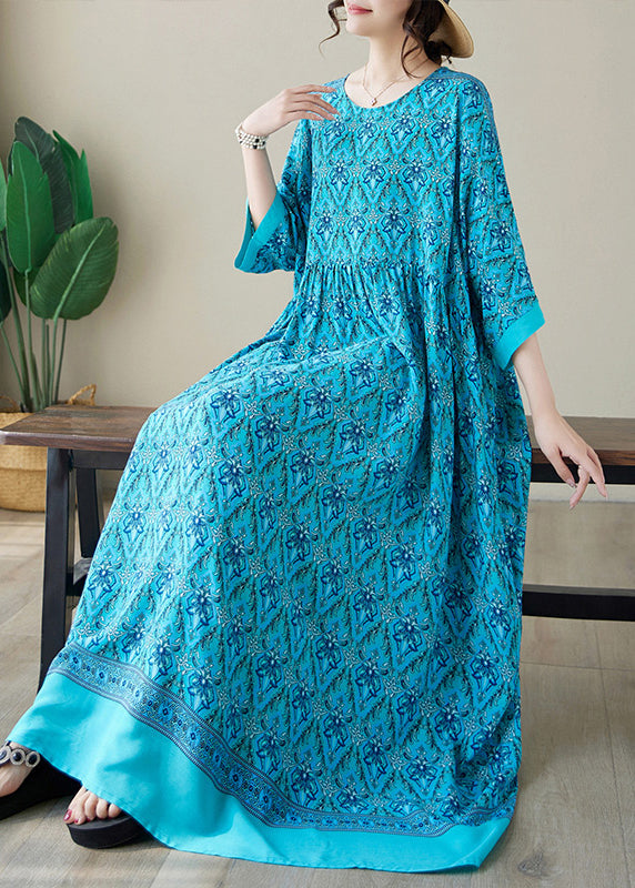 Blue Print Cotton Long Dress O Neck Summer